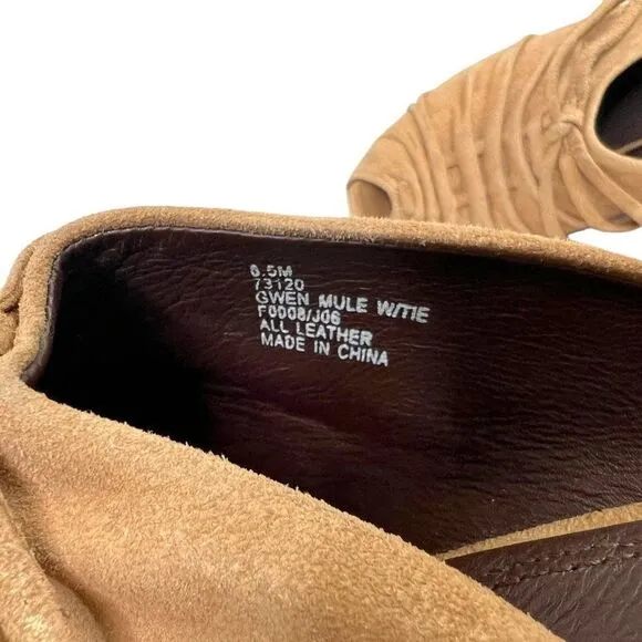 Frye Gwen Mule with Tie Ruched Peep Toe Wedge Heels in Tan Suede Size 8.5 M