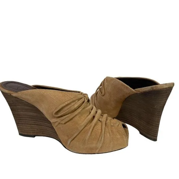Frye Gwen Mule with Tie Ruched Peep Toe Wedge Heels in Tan Suede Size 8.5 M