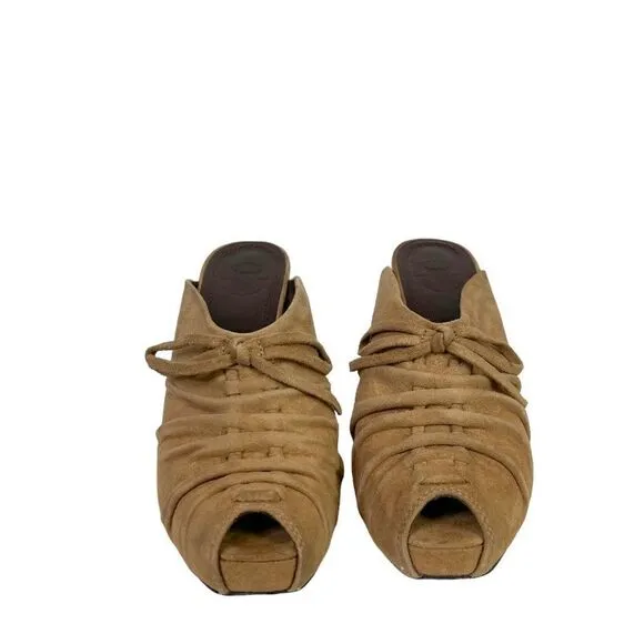 Frye Gwen Mule with Tie Ruched Peep Toe Wedge Heels in Tan Suede Size 8.5 M