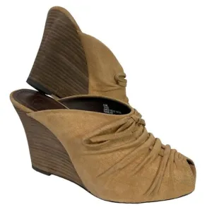 Frye Gwen Mule with Tie Ruched Peep Toe Wedge Heels in Tan Suede Size 8.5 M