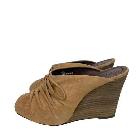 Frye Gwen Mule with Tie Ruched Peep Toe Wedge Heels in Tan Suede Size 8.5 M