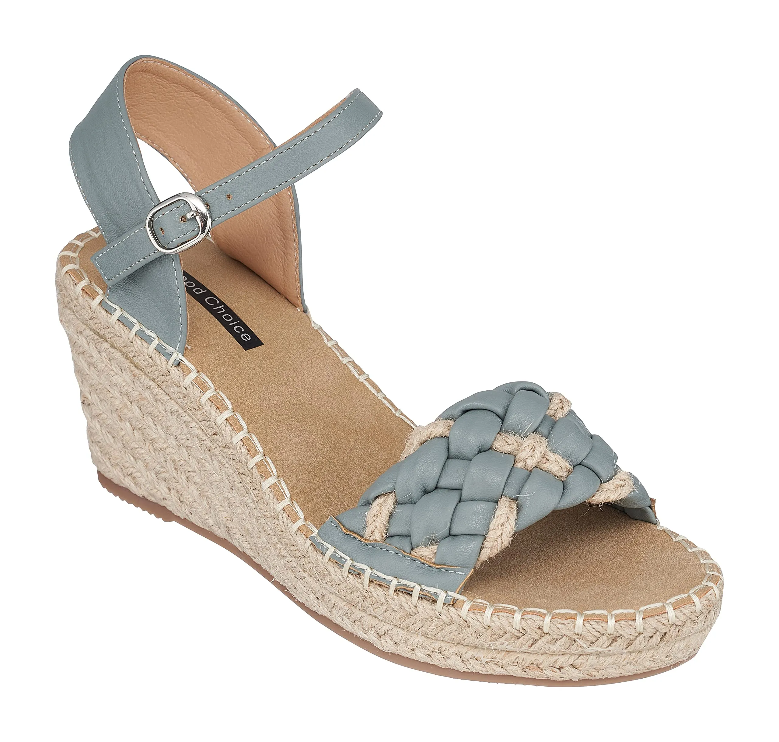GC Shoes Women's Open Toe Memory Foam Summer Espadrille Wedge Sandals, Braided Strap Ankle Platform Heels, Cati/Blue/7.5