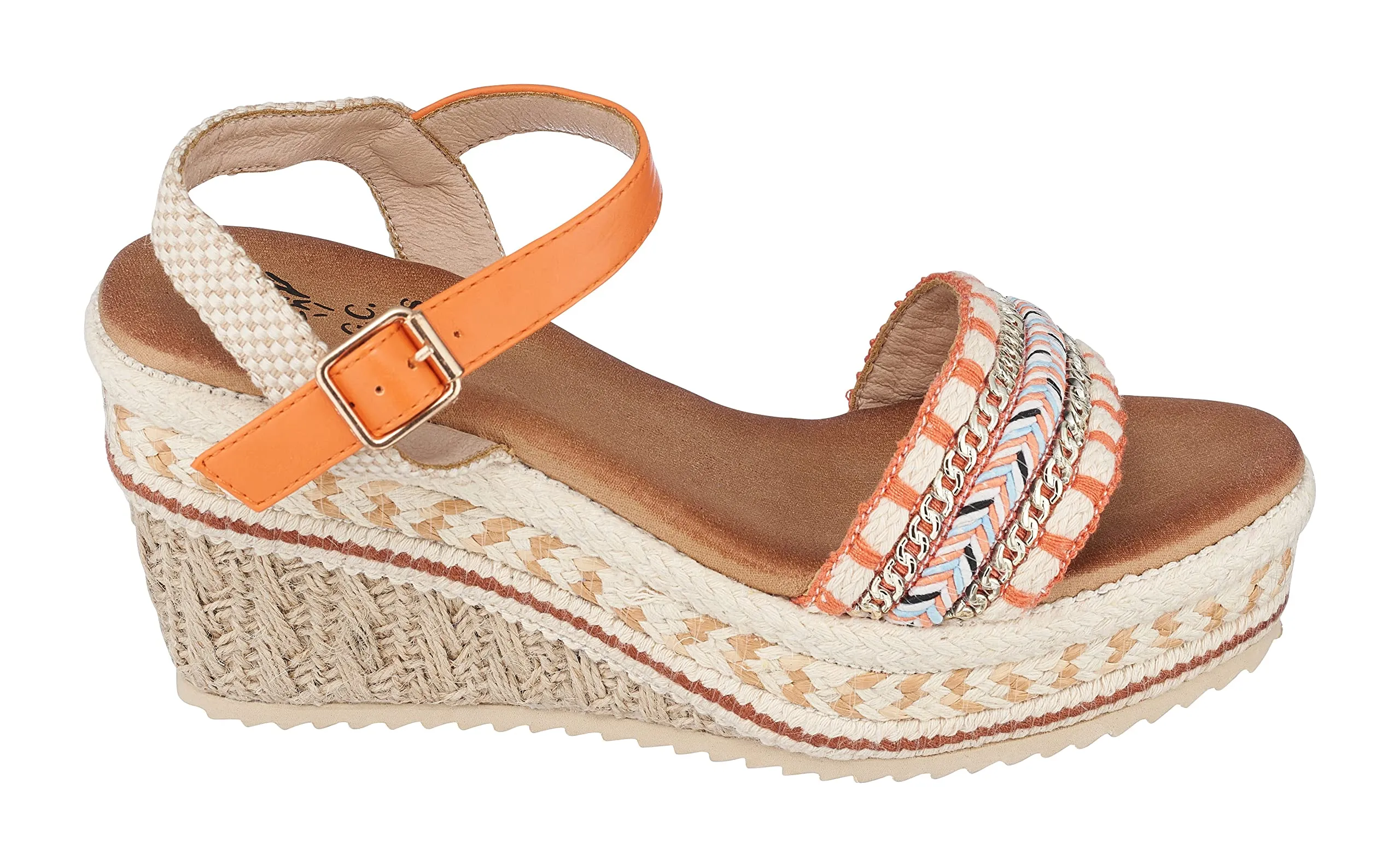 GC Shoes Women's Open Toe Memory Foam Summer Espadrille Wedge Sandals, Braided Strap Ankle Platform Heels, Cheri/Orange/9.5