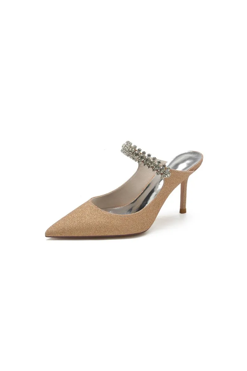 Glitter Pointed Toe Rhinestone Strappy Slip-on Stiletto Heels