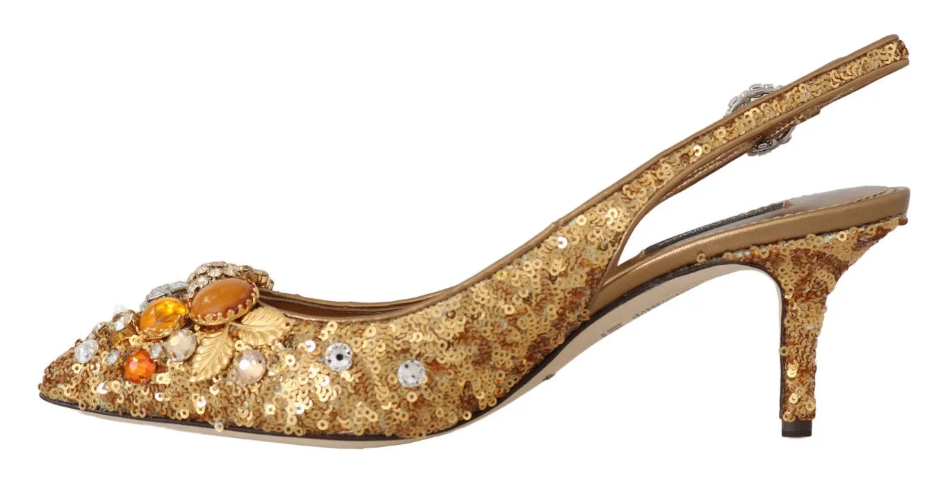 Gold Leather Sequin Crystal Slingback Shoes