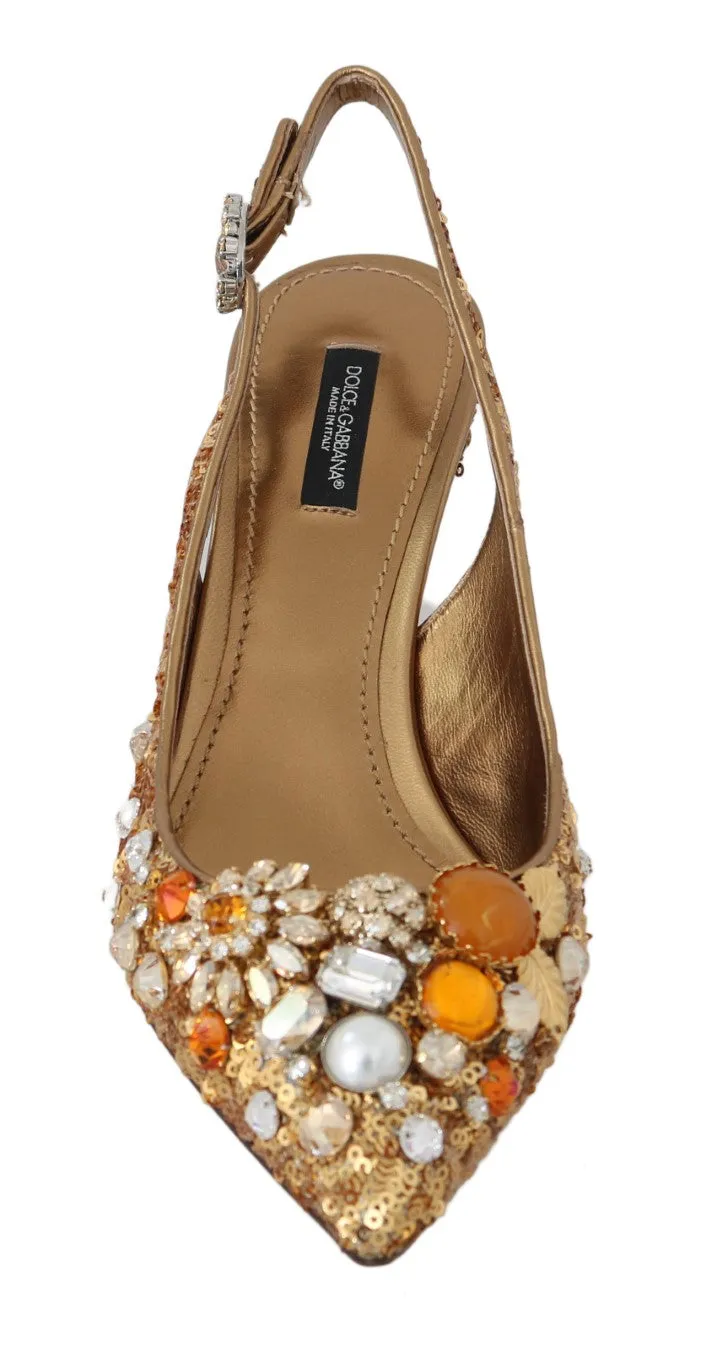 Gold Leather Sequin Crystal Slingback Shoes