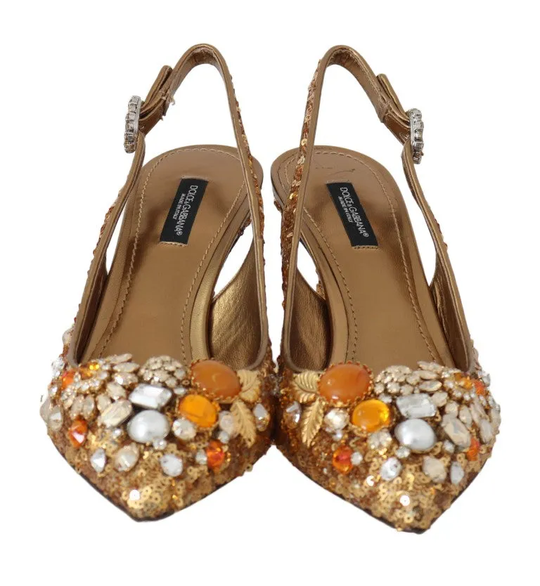 Gold Leather Sequin Crystal Slingback Shoes