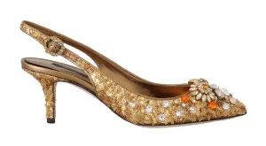 Gold Leather Sequin Crystal Slingback Shoes