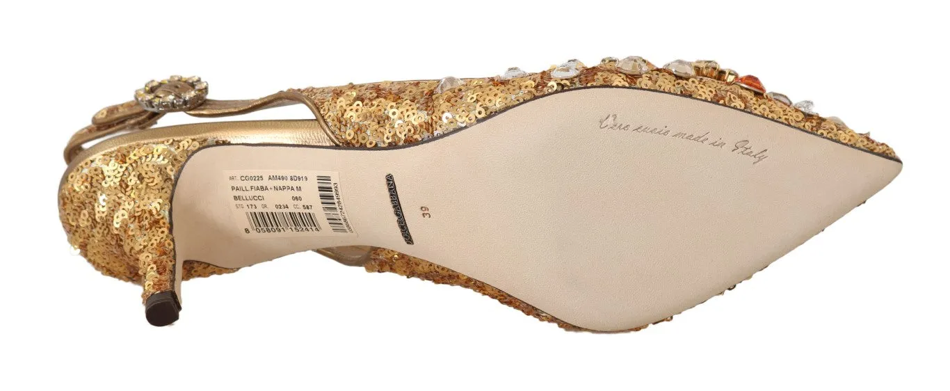 Gold Leather Sequin Crystal Slingback Shoes