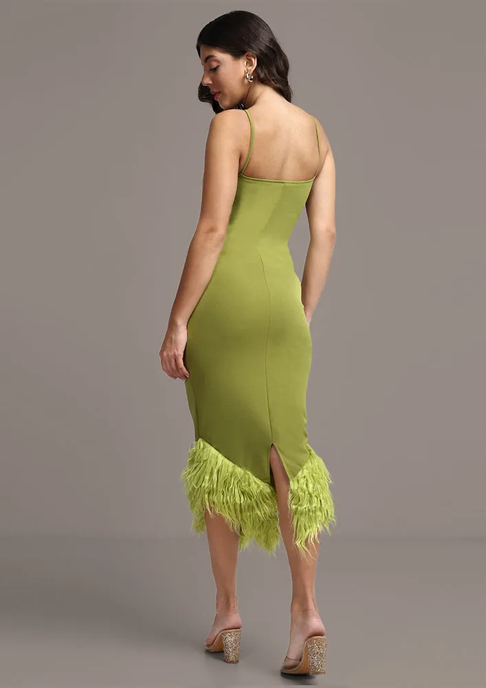 Green Feather Trim One-Shoulder Bodycon Midi Dress