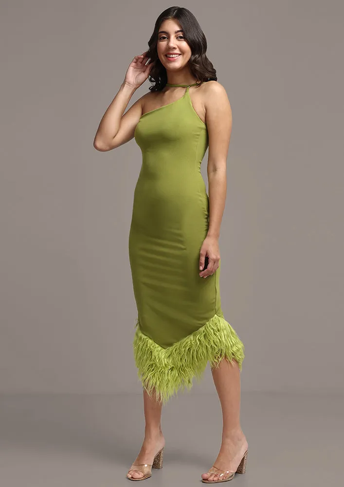 Green Feather Trim One-Shoulder Bodycon Midi Dress