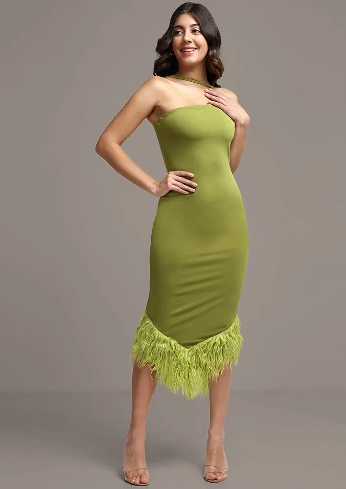 Green Feather Trim One-Shoulder Bodycon Midi Dress