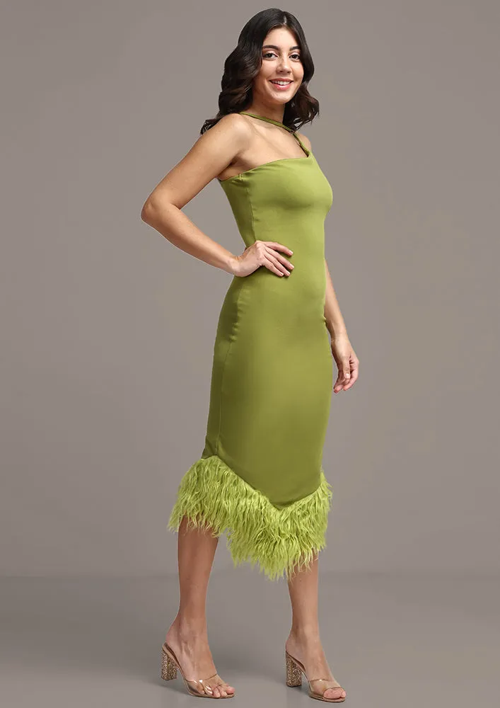 Green Feather Trim One-Shoulder Bodycon Midi Dress