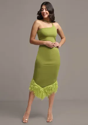 Green Feather Trim One-Shoulder Bodycon Midi Dress