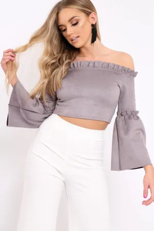 Grey Faux Suede Crop Bardot Top - Torri