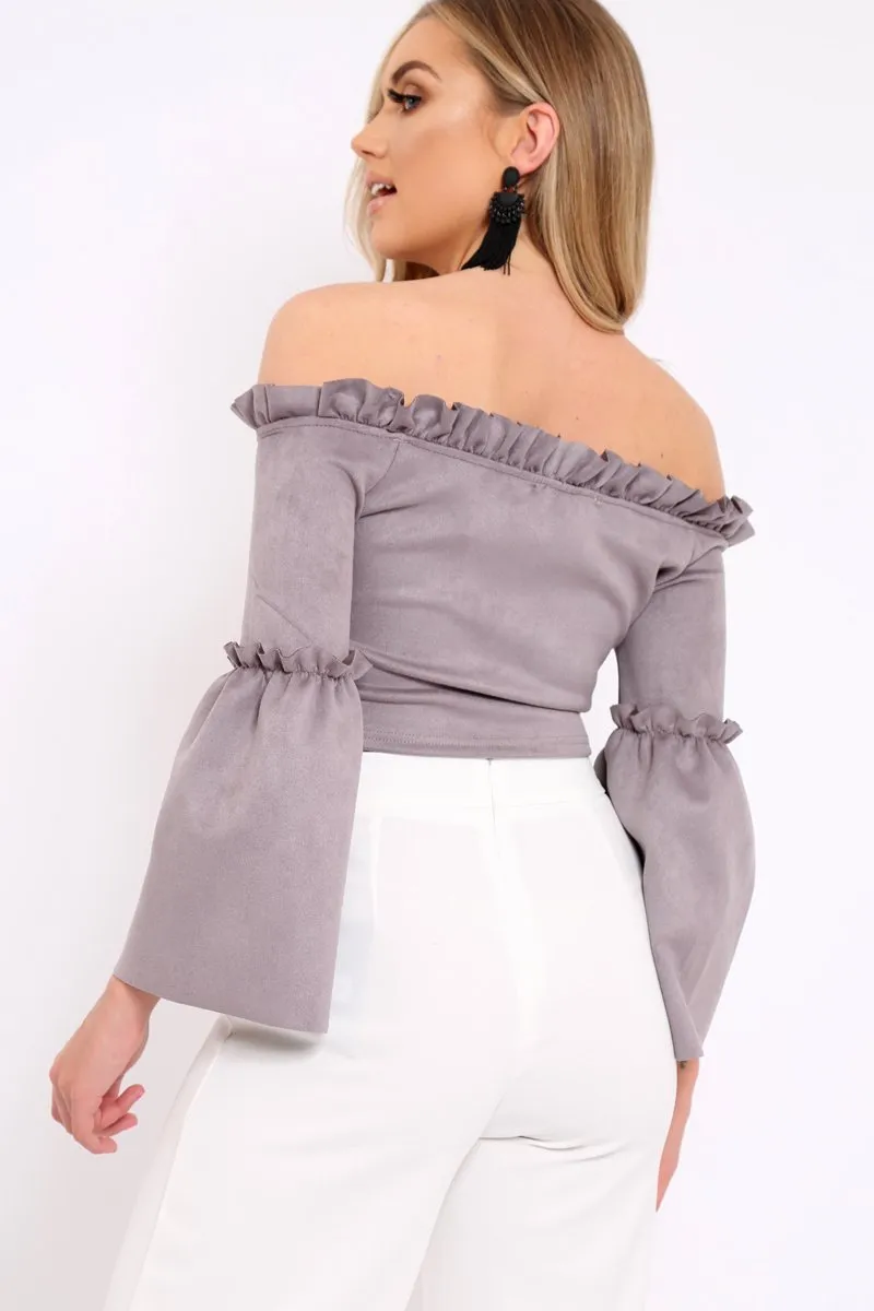 Grey Faux Suede Crop Bardot Top - Torri