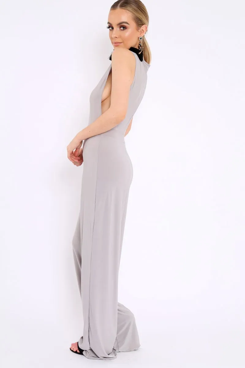 Grey Slinky Low Side Jumpsuit - Ivannah