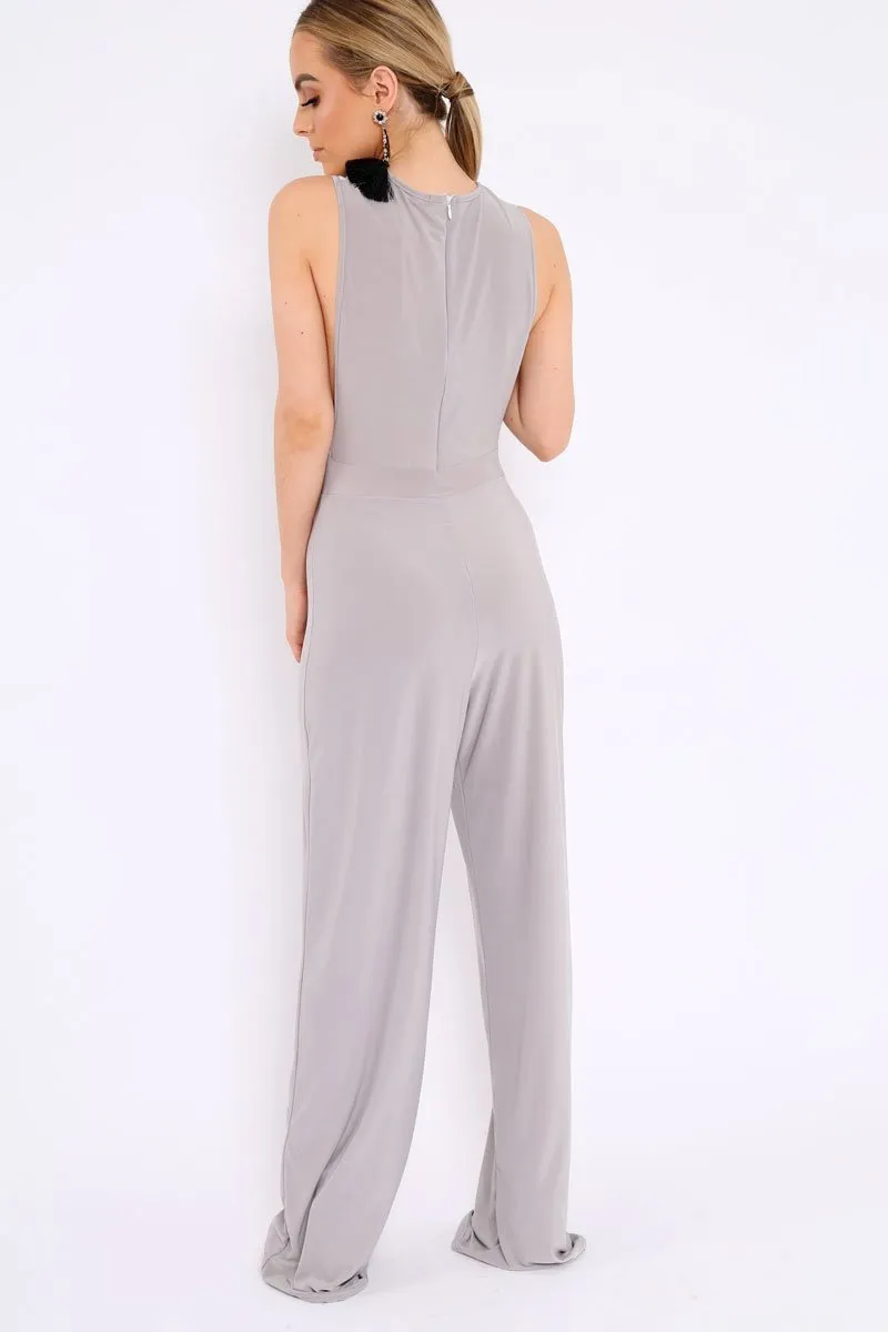 Grey Slinky Low Side Jumpsuit - Ivannah