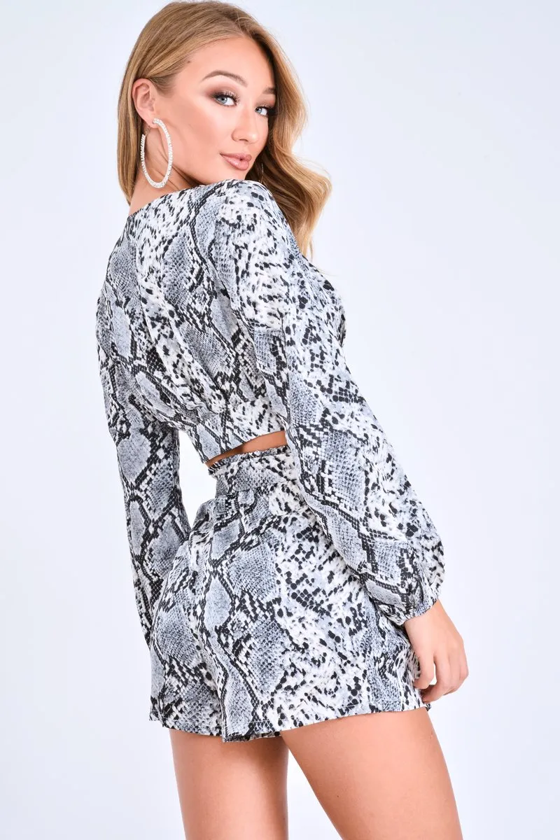 Grey Snake Blouse and Paper Bag Shorts Co-Ord - Jasly