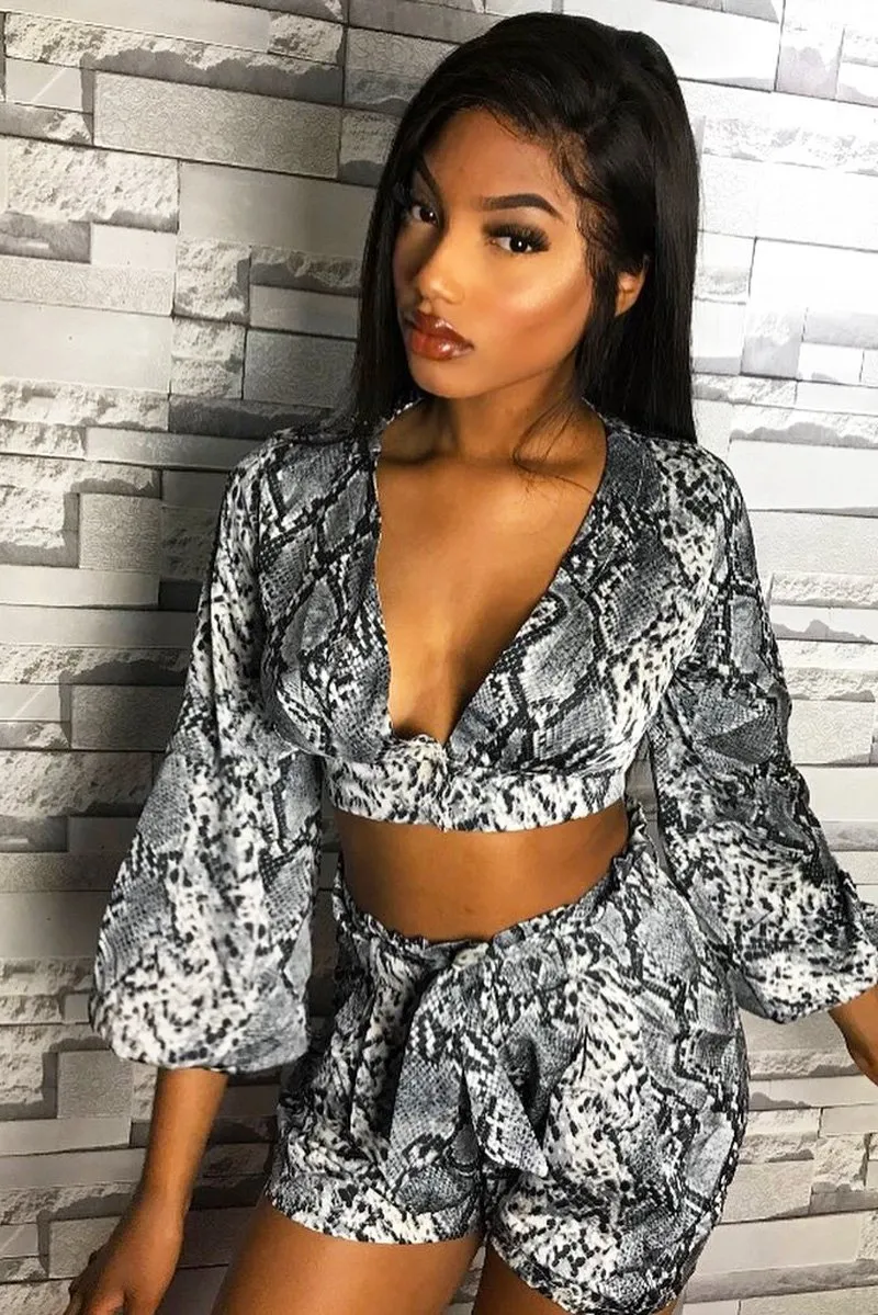 Grey Snake Blouse and Paper Bag Shorts Co-Ord - Jasly
