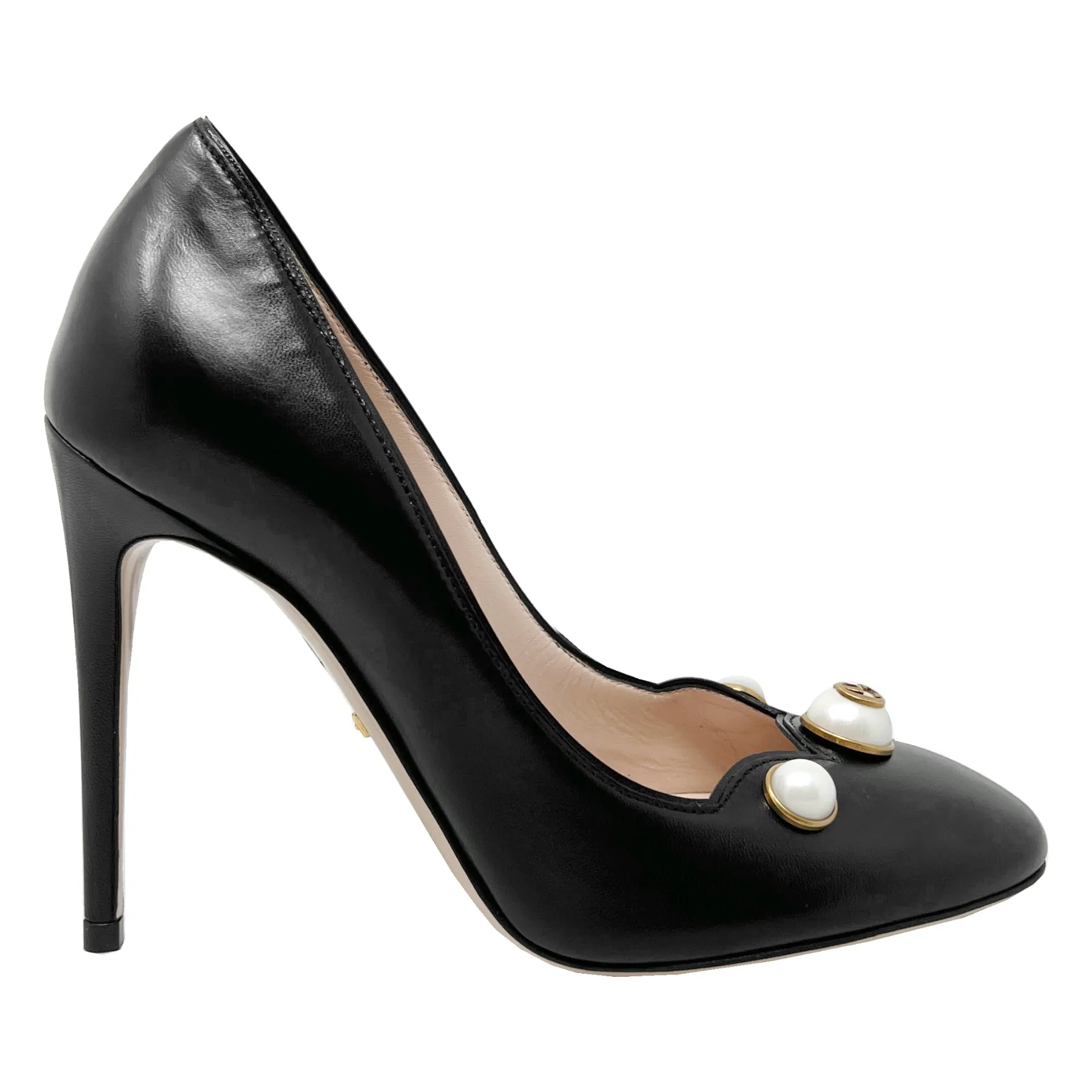 Gucci Willow Pearl Embellished GG Logo Scalloped Black Leather Round Toe Pumps Size EU 35.5