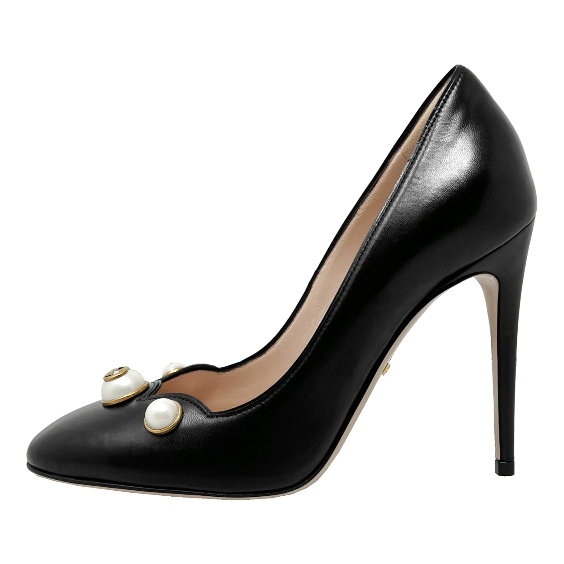 Gucci Willow Pearl Embellished GG Logo Scalloped Black Leather Round Toe Pumps Size EU 35.5