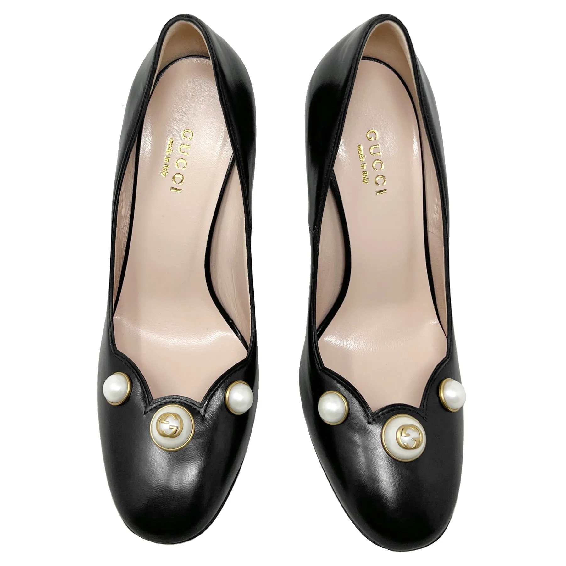 Gucci Willow Pearl Embellished GG Logo Scalloped Black Leather Round Toe Pumps Size EU 35.5