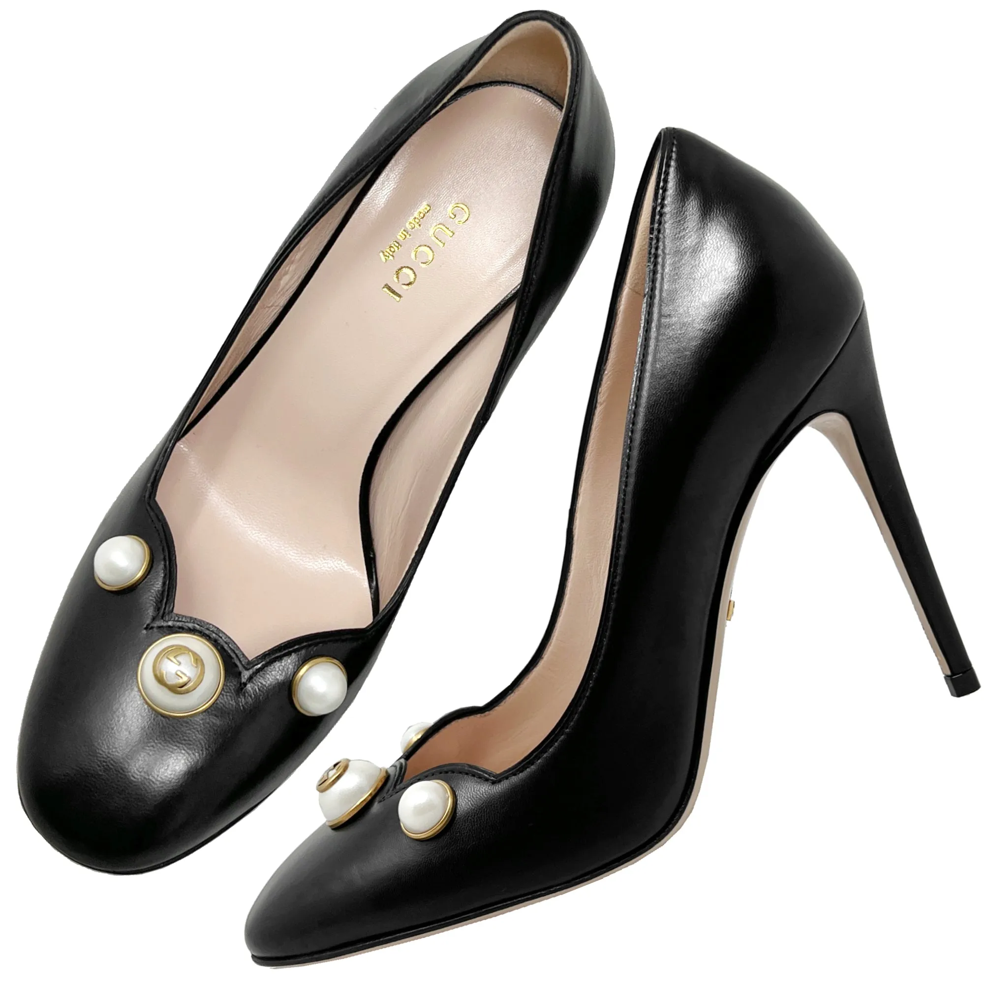 Gucci Willow Pearl Embellished GG Logo Scalloped Black Leather Round Toe Pumps Size EU 35.5