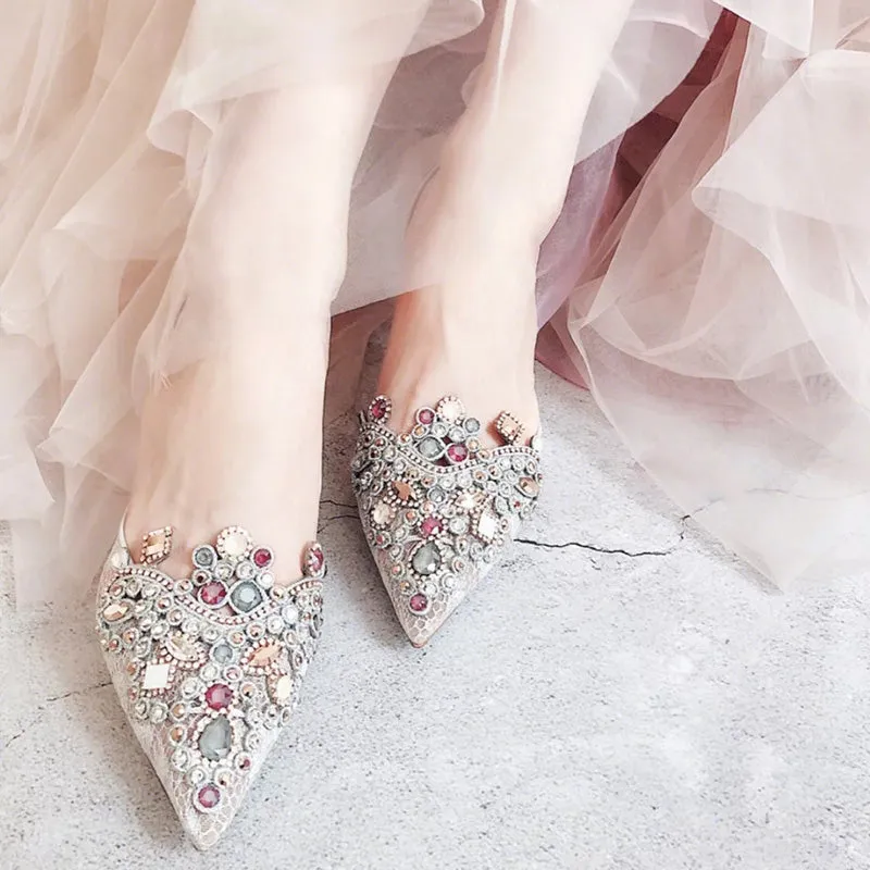 Handmade Wedding Shoes Crystal Bling Lace Elegant Women Pumps Women Thin High Heels Point toe Bridal Pumps Stiletto