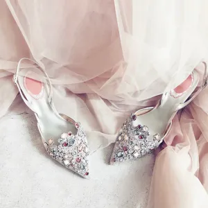Handmade Wedding Shoes Crystal Bling Lace Elegant Women Pumps Women Thin High Heels Point toe Bridal Pumps Stiletto