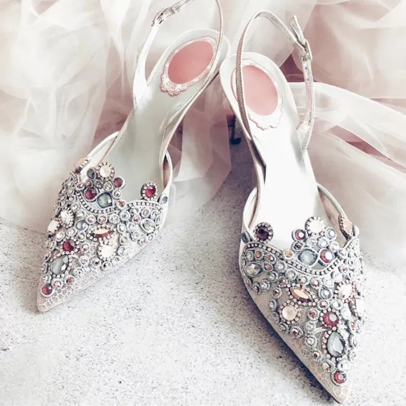 Handmade Wedding Shoes Crystal Bling Lace Elegant Women Pumps Women Thin High Heels Point toe Bridal Pumps Stiletto