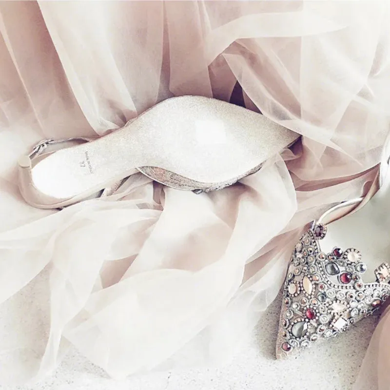 Handmade Wedding Shoes Crystal Bling Lace Elegant Women Pumps Women Thin High Heels Point toe Bridal Pumps Stiletto