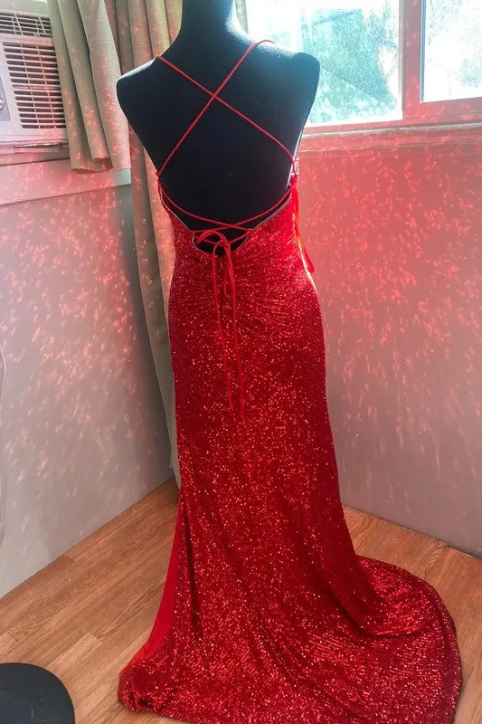 High Slit Blue Sequins Straps Mermaid Prom Dress