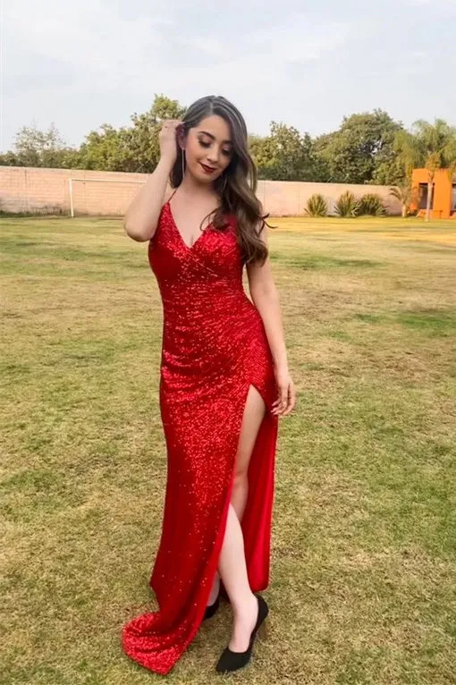 High Slit Blue Sequins Straps Mermaid Prom Dress