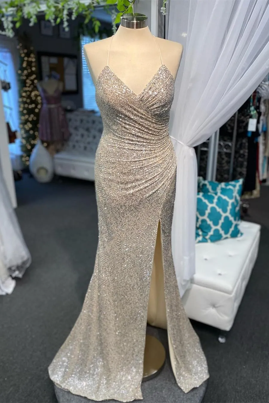 High Slit Blue Sequins Straps Mermaid Prom Dress