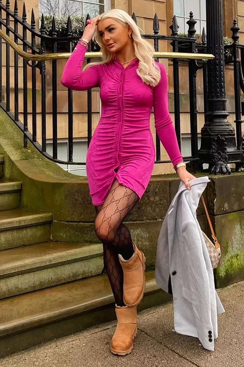 Hot Pink Acetate Slinky Gathered Front Shirt Dress - Gia