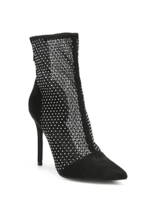 Jazz Rhinestone Embellished Mesh Black Stiletto Boots