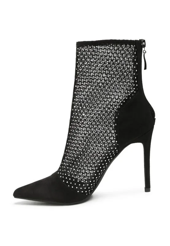 Jazz Rhinestone Embellished Mesh Black Stiletto Boots