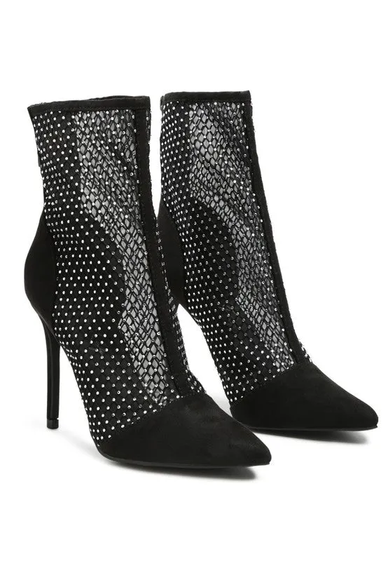 Jazz Rhinestone Embellished Mesh Black Stiletto Boots
