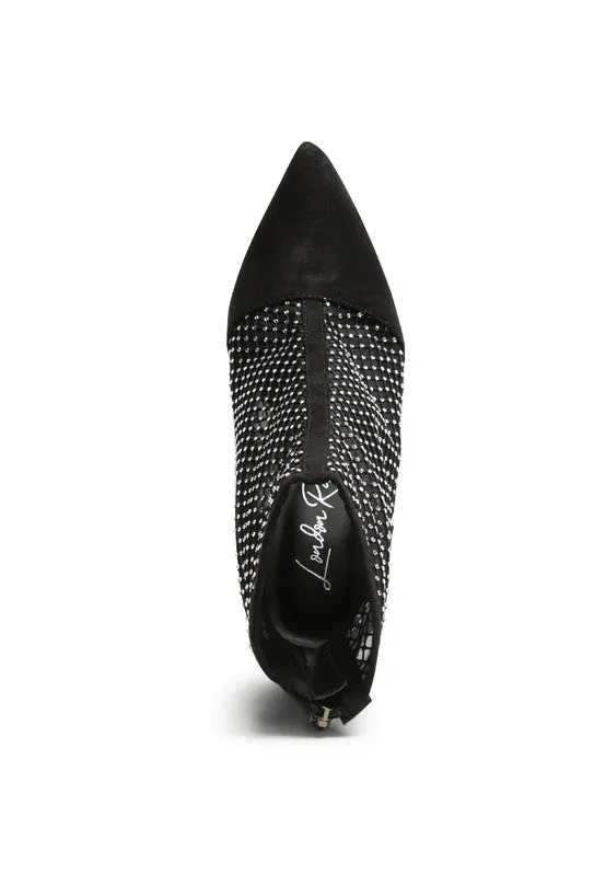 Jazz Rhinestone Embellished Mesh Black Stiletto Boots