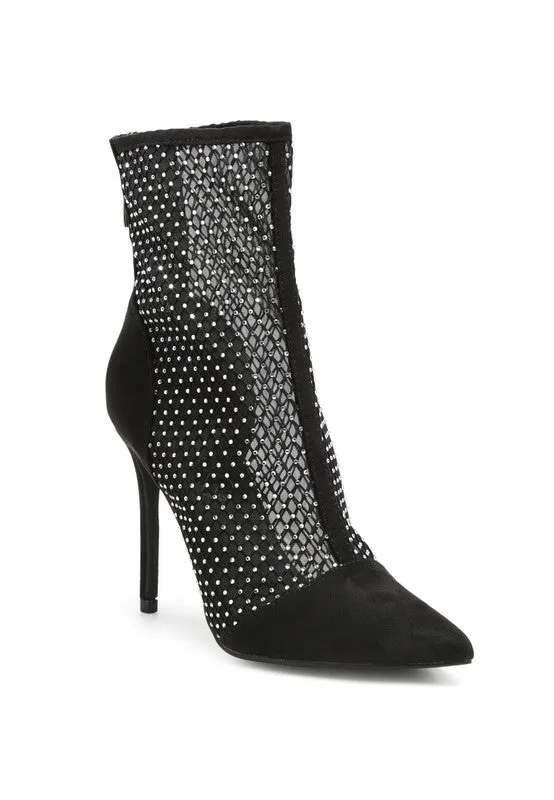Jazz Rhinestone Embellished Mesh Black Stiletto Boots