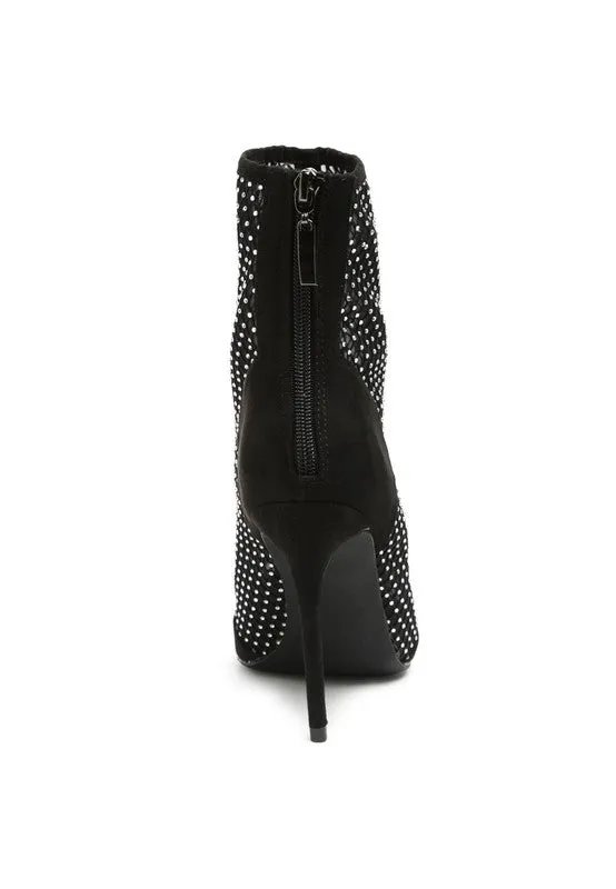 Jazz Rhinestone Embellished Mesh Black Stiletto Boots