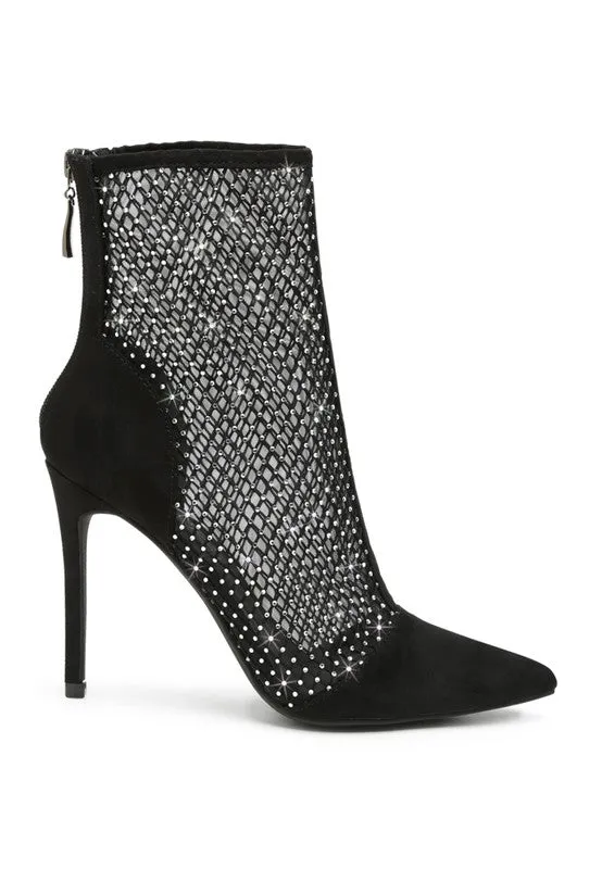 Jazz Rhinestone Embellished Mesh Black Stiletto Boots