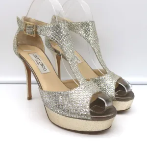 Jimmy Choo Totem T-Strap Platform Sandals Champagne Glitter Lame Size 37.5