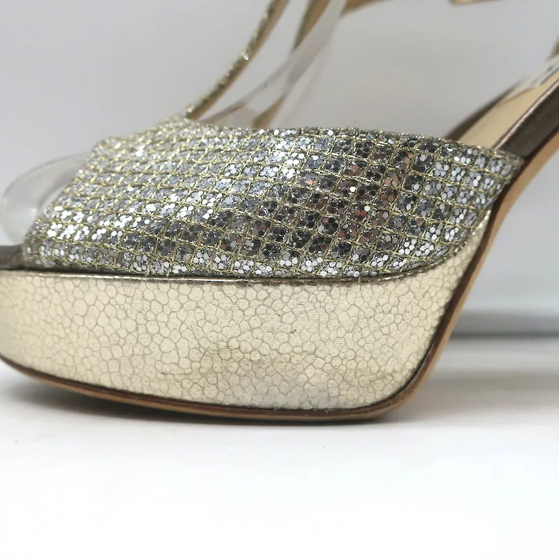Jimmy Choo Totem T-Strap Platform Sandals Champagne Glitter Lame Size 37.5