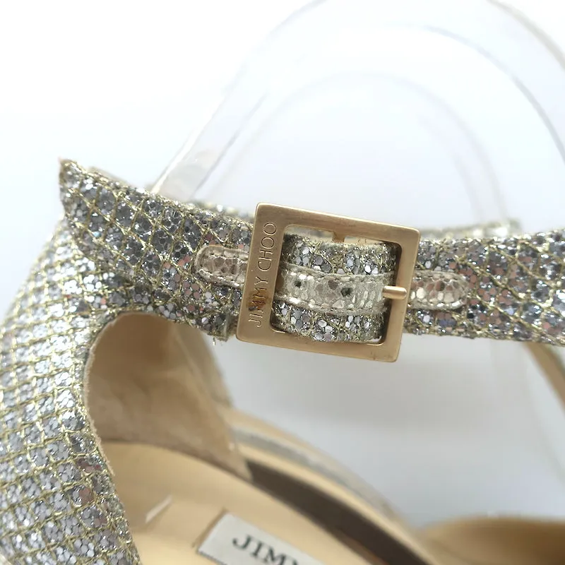 Jimmy Choo Totem T-Strap Platform Sandals Champagne Glitter Lame Size 37.5