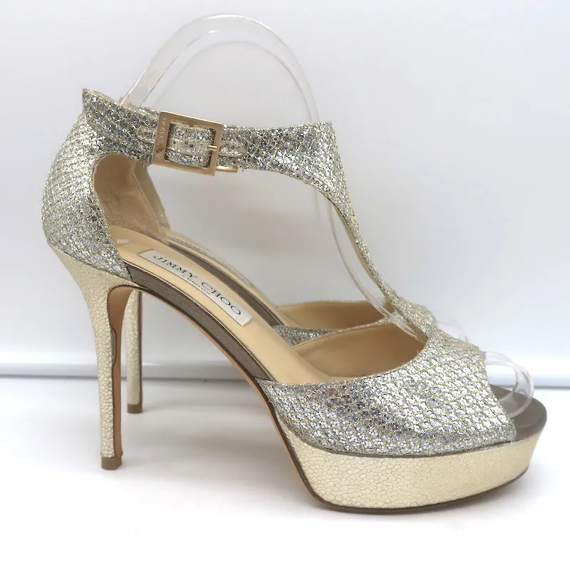 Jimmy Choo Totem T-Strap Platform Sandals Champagne Glitter Lame Size 37.5