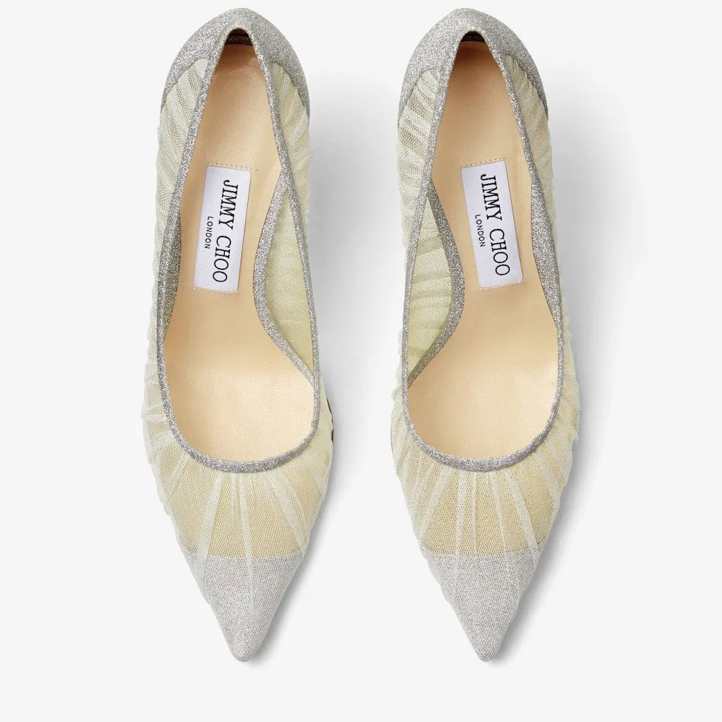 JIMMY CHOOSE Love 65
Metallic Silver Glitter Fabric Pumps with Ivory Tulle Overlay