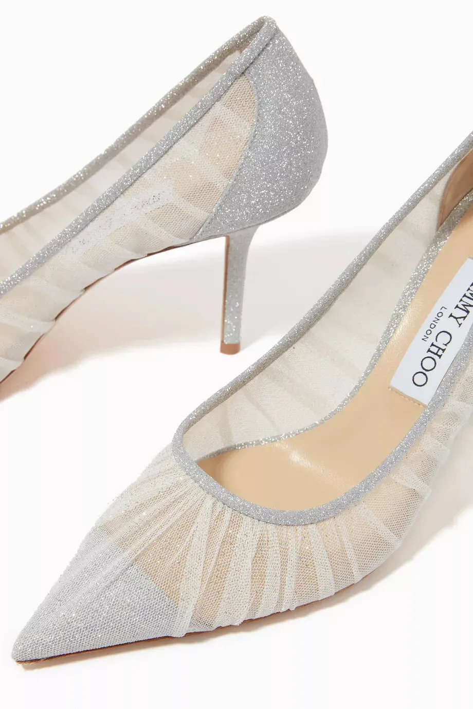JIMMY CHOOSE Love 65
Metallic Silver Glitter Fabric Pumps with Ivory Tulle Overlay