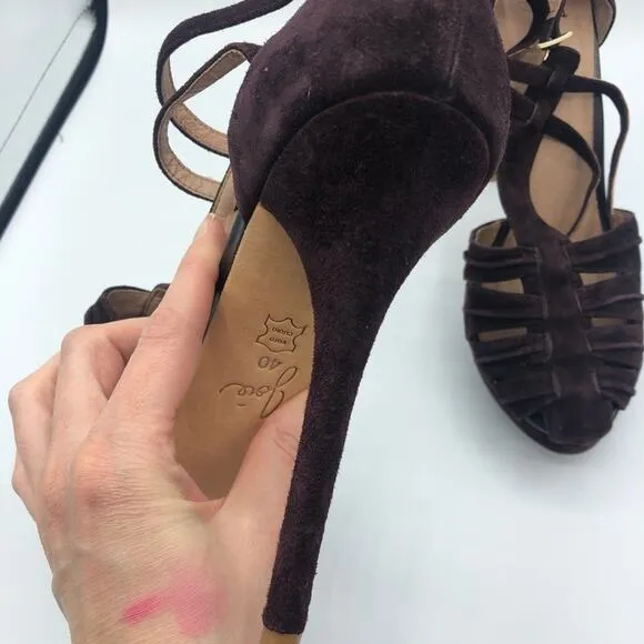 Joie Purple Rexanne Strappy Leather Stiletto Heels Womens 40 Suede Peep Toe
